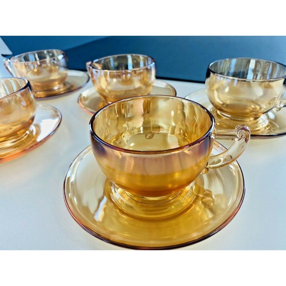 Vintage Jeanette Marigold Carnival Glass Iridescent Camellia 5 Teacups/Saucers - Picture 5 of 11